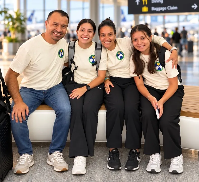 The founding family of Reaching Hearts Ministries in matching ministry T-shirts, smiling together at the airport